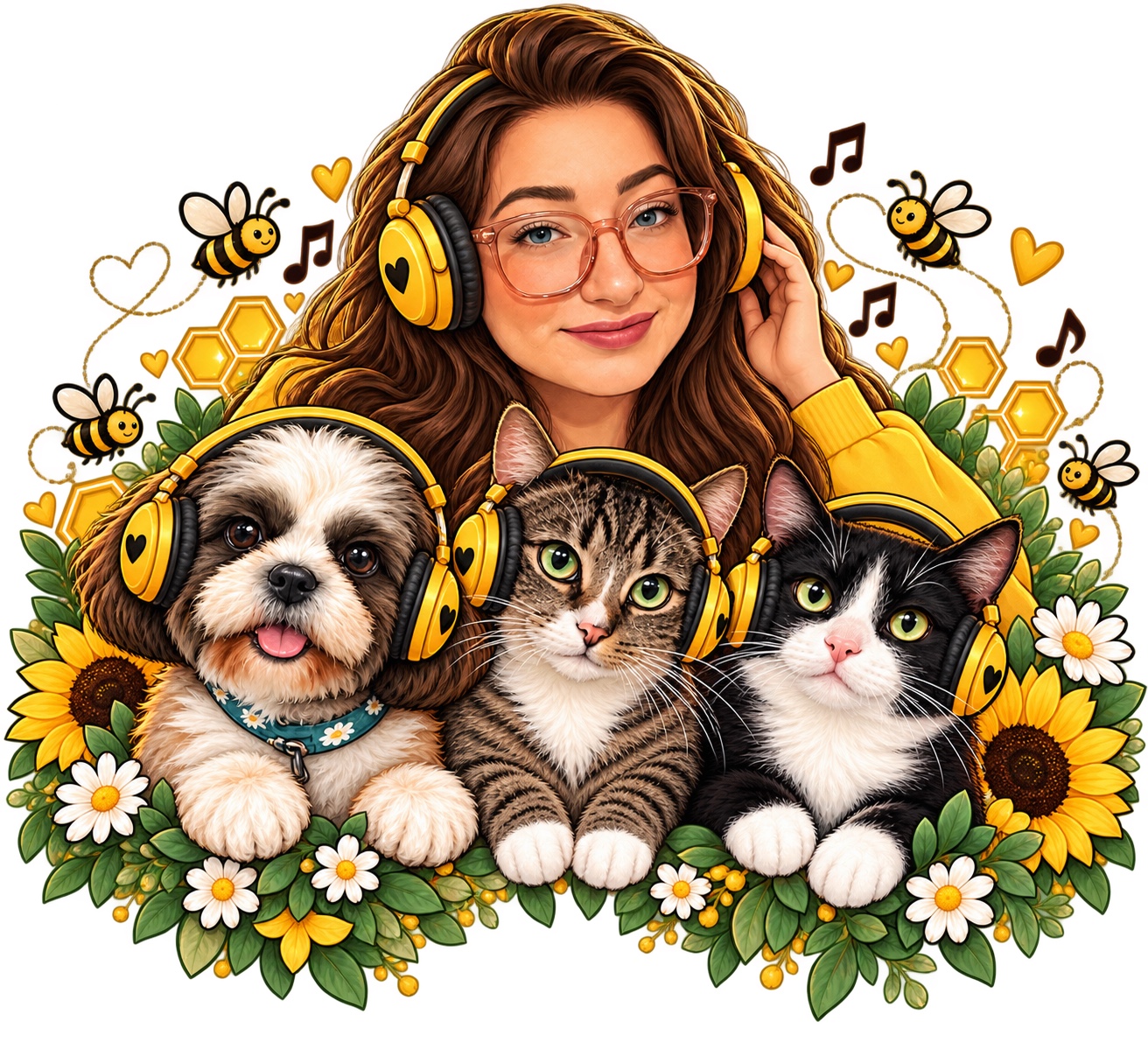 Jocelynn B met Bono, Luna en Mila, allemaal met gele koptelefoons